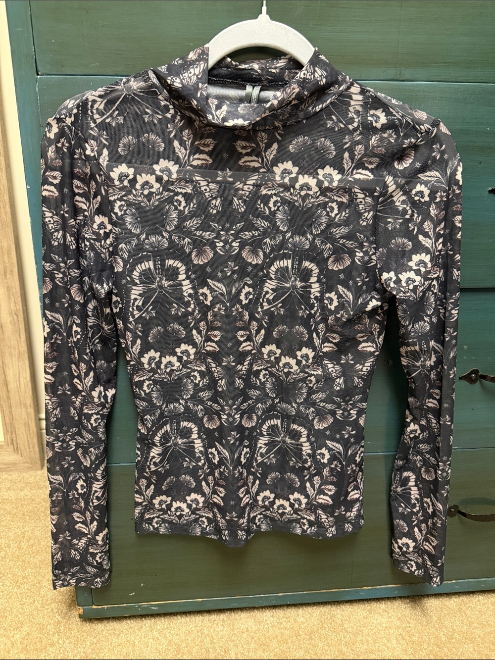 Anthropologie Floral Mock Neck Sheer Long-Sleeve Top - Black & Cream